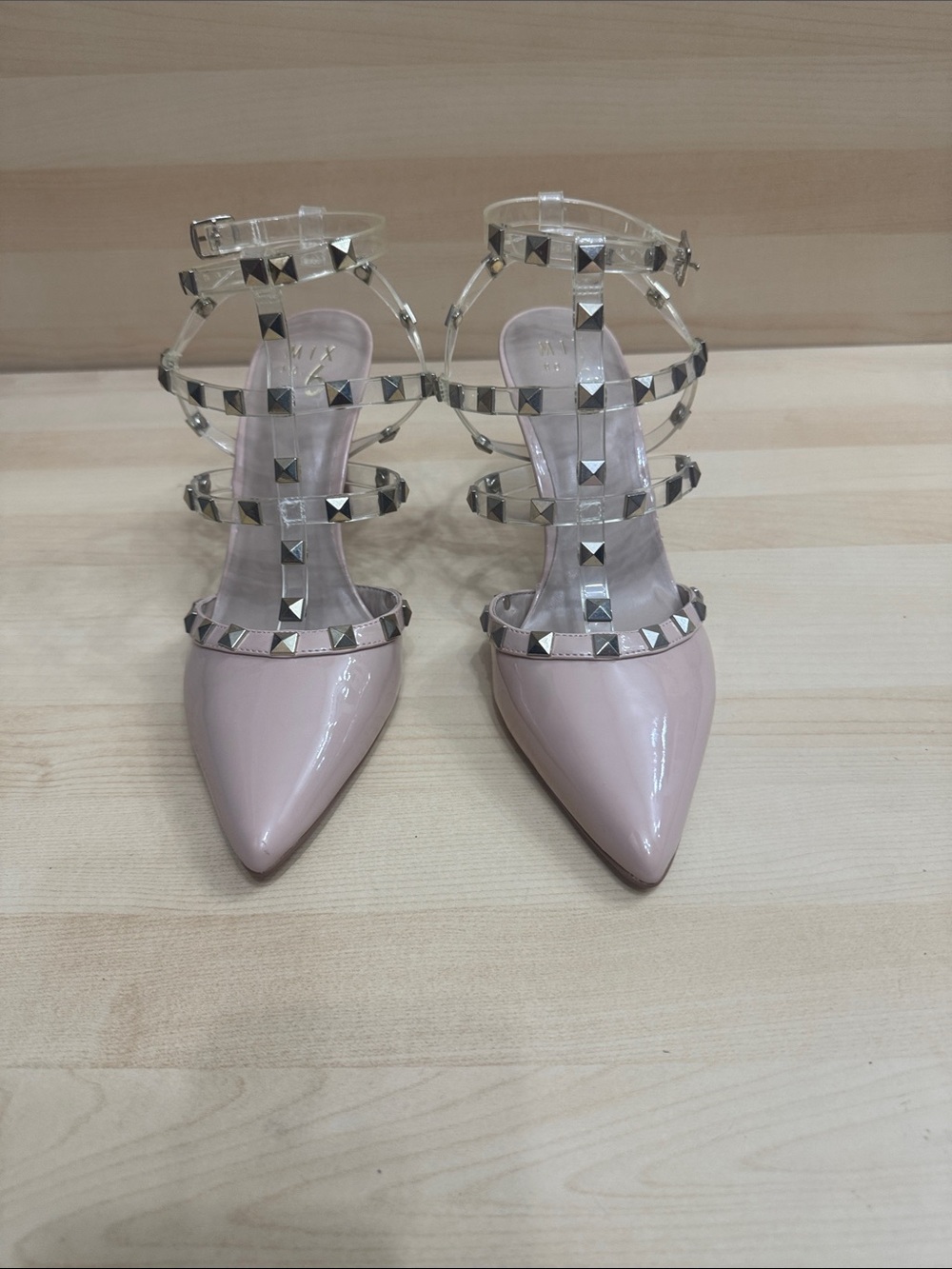 Mix No. 6 Patent Pointed-Toe Strappy Pumps in Pale Pink with Silver Studs